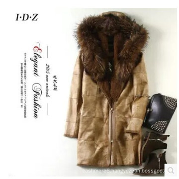 Real Rabbit Leather and Fur Coat with Raccoon Fur on Collar Women Long Style